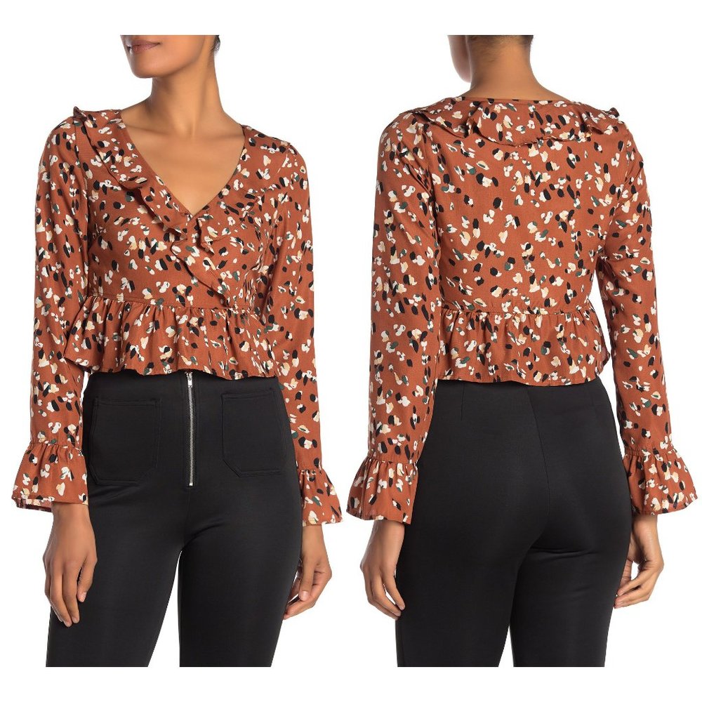 Camel Long Sleeve Ruffled V Neck Crop Blouse Top - Picture 8 of 8